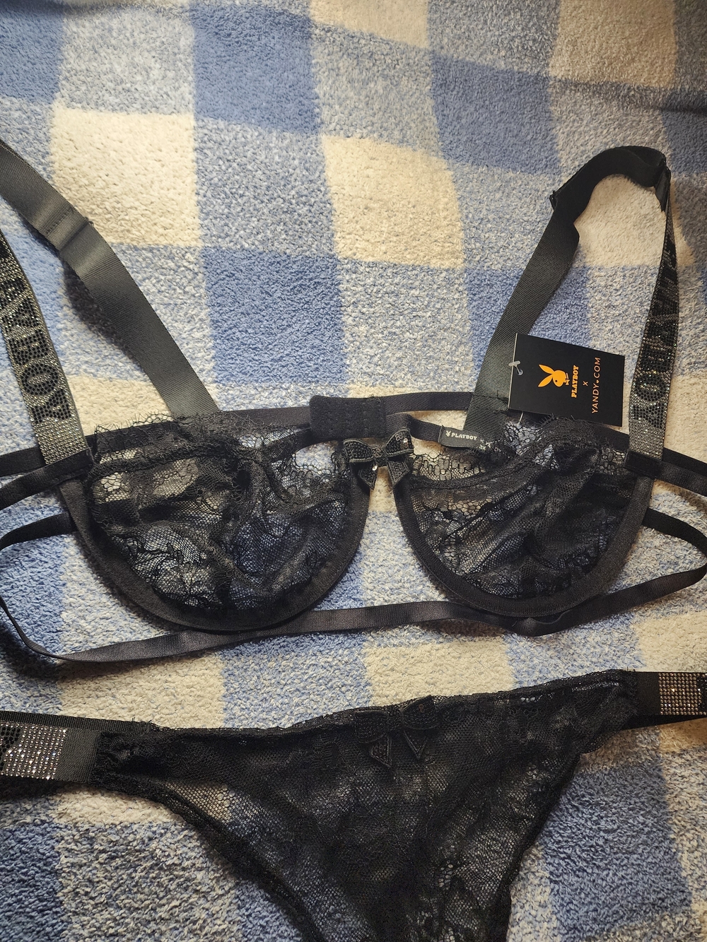 Playboy Black Lace Underwire Bra & Thong Set